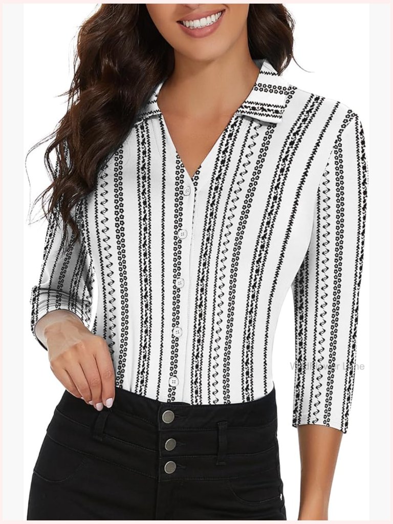 3/4 Sleeve Button Down V Neck Collared Polo Work Blouse